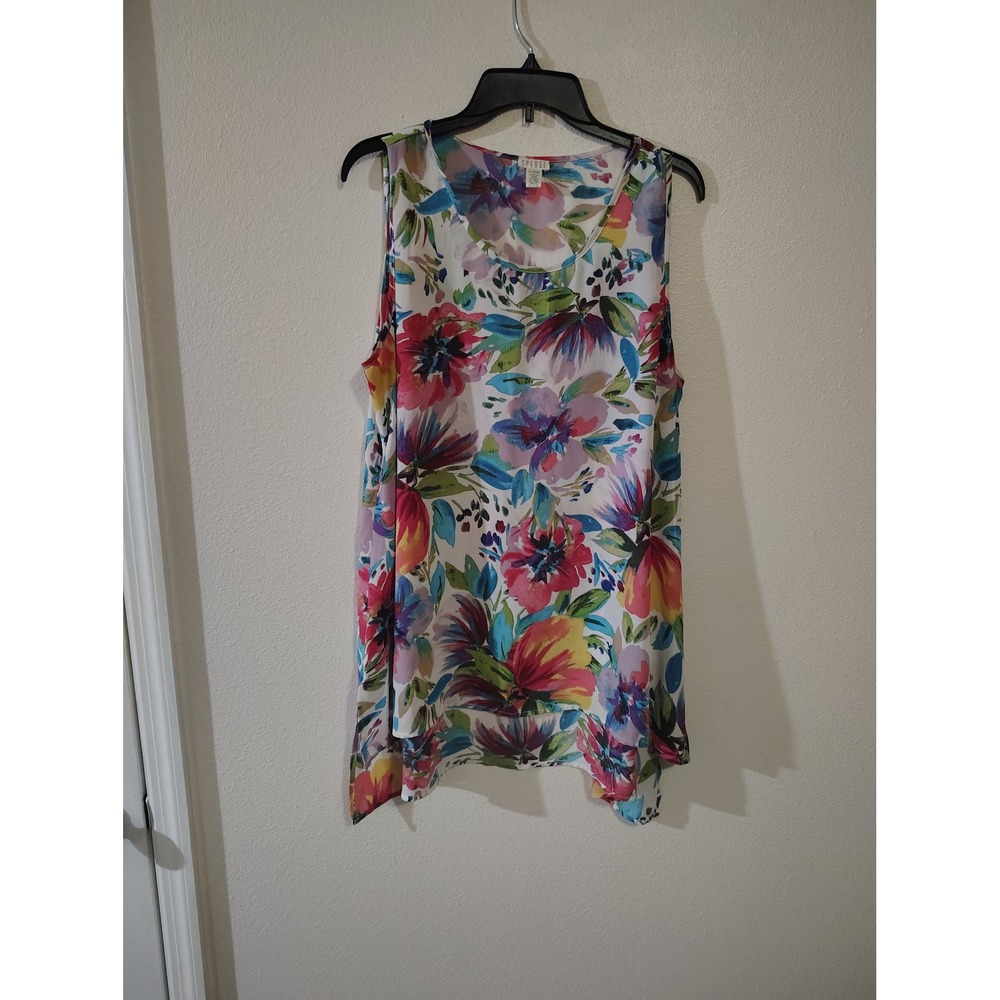 Spense Womens XL Floral Sharkbite Hem Sleeveless Tunic Blouse Multi Color